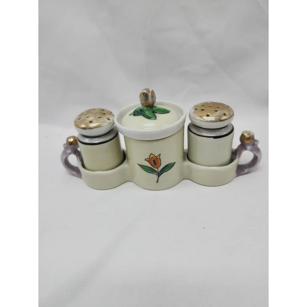 Vintage Takito Japan Lusterware Salt Pepper Mustard Set Art Deco Hand Painted